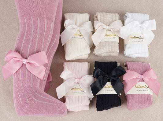 Baby girls ribbed tights with side satin bow