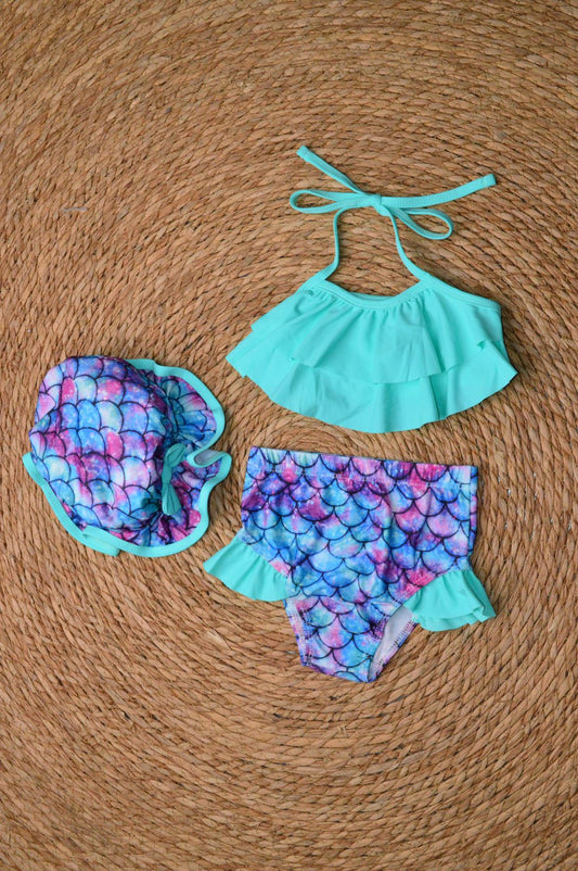 2 pieces mermaid swimsuit with a sun hat