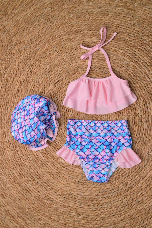 2 pieces mermaid swimsuit with a sun hat